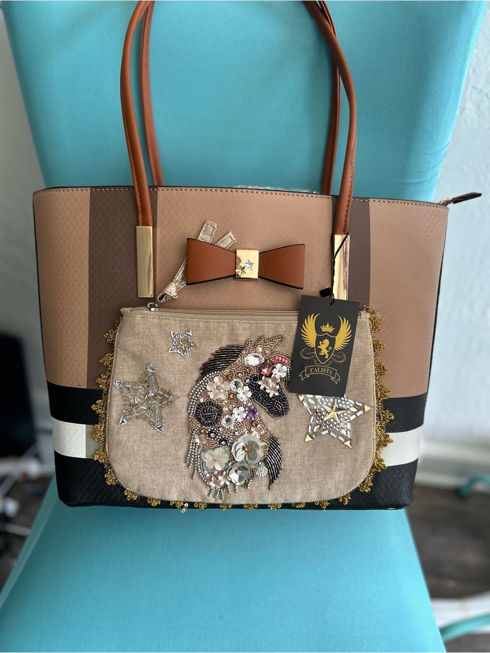 Private Label Beaded Unicorn Tote in Tan, Brown and Black